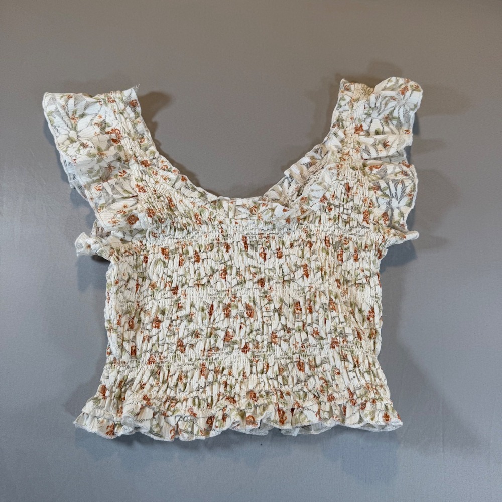 Floral Lace Smocked Crop Top White Ruffle Small Festival Cottagecore Boho
